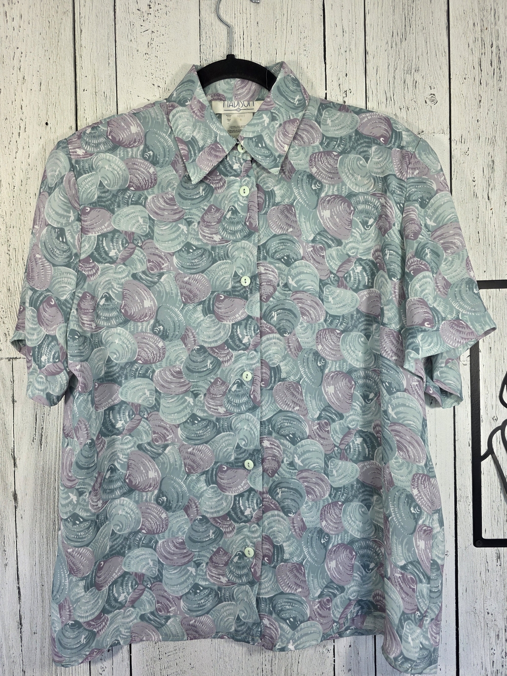 Vintage Madison Seashell Print Blouse Made in Canada Size 8, Retro Blouse